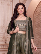 Olive embroidered jacket girls palazzo suit