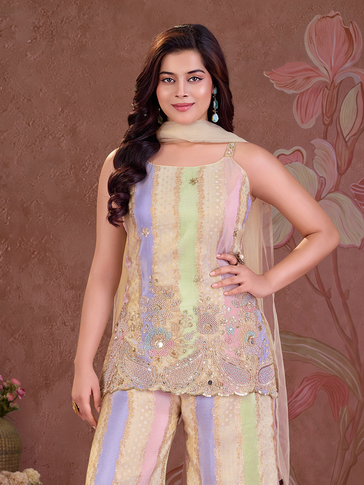 Multi color striped girls palazzo suit