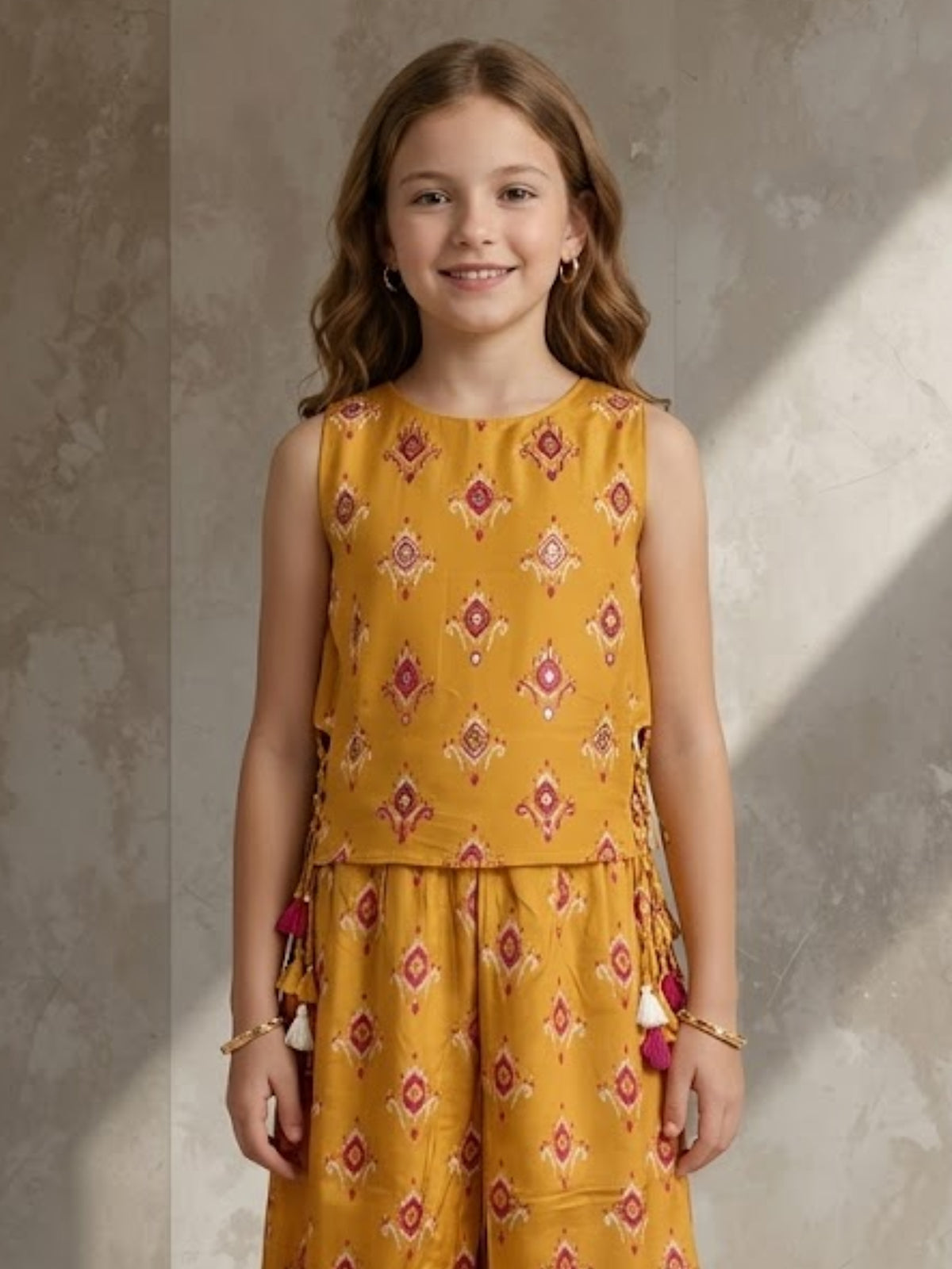 Mustard yellow ikat printed girls palazzo suit