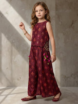 Maroon ikat printed girls palazzo suit
