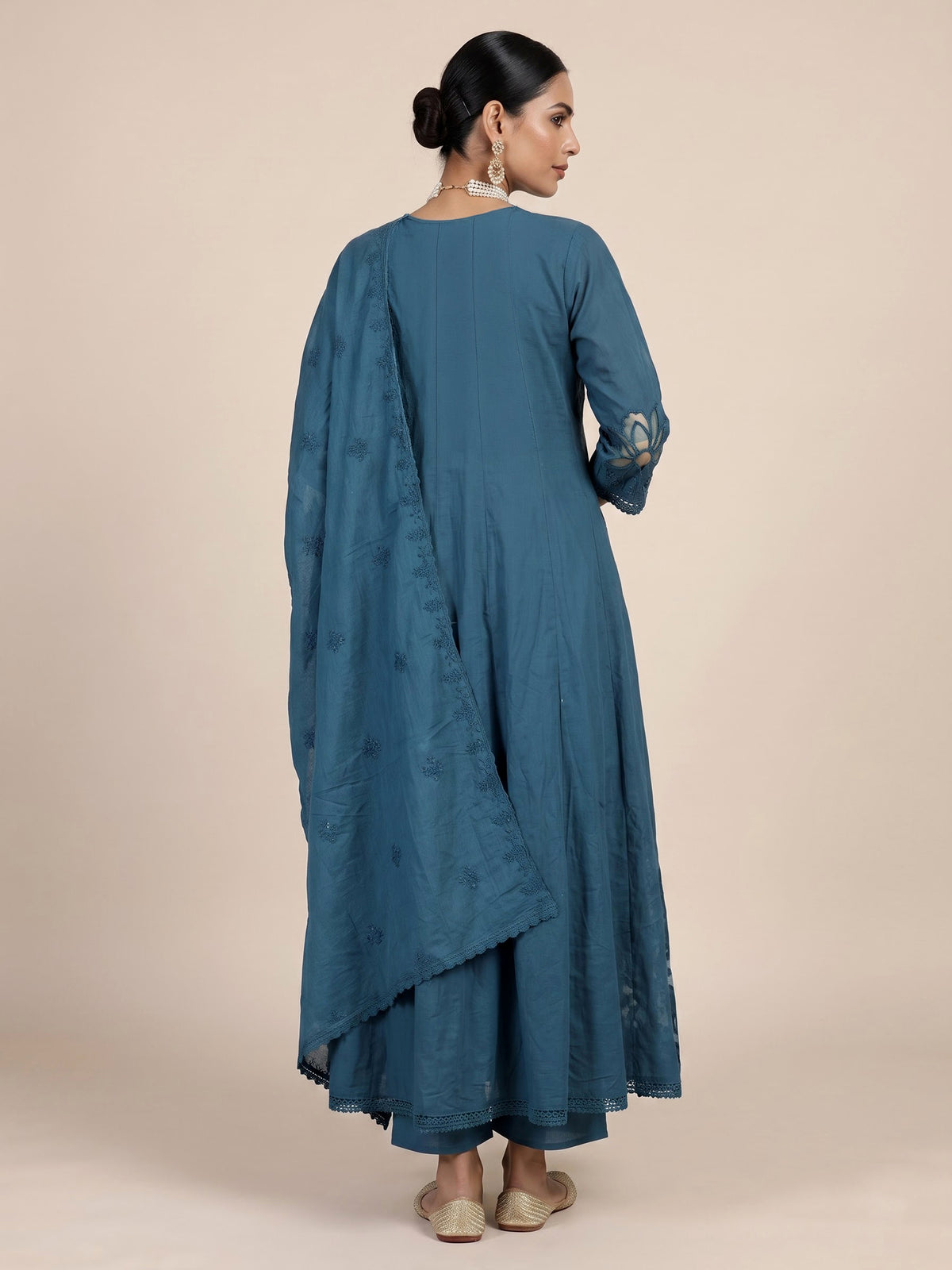 Teal blue cotton silk blend anarkali kurti set