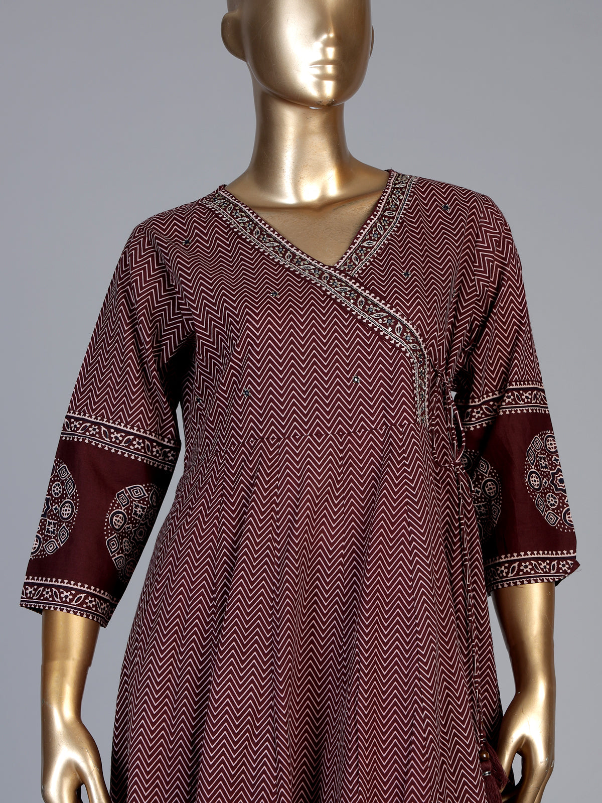Wine cotton blend embellished printed kurti set