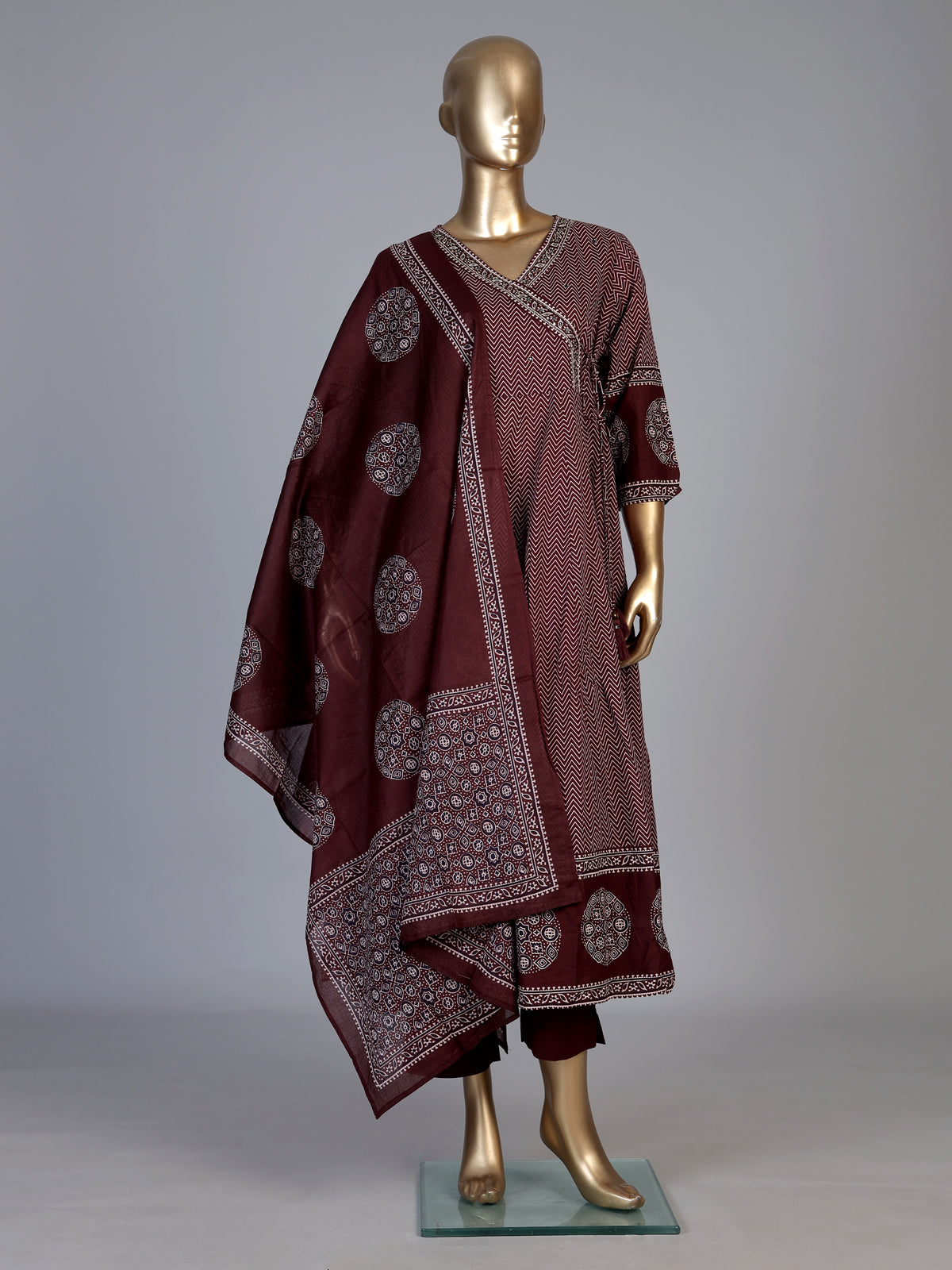 Wine cotton blend embellished printed kurti set