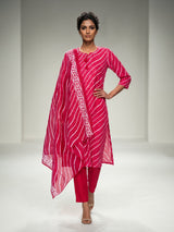 Rani pink silk printed kurti set with dupatta