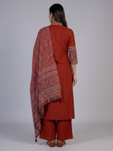 Rust red cotton blend anarkali kurti set with festive embellishments