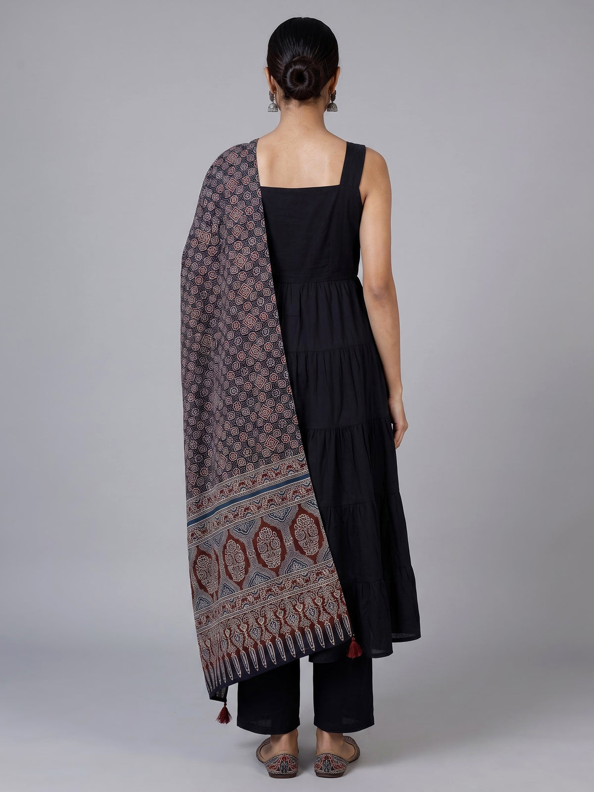 Black cotton blend printed anarkali kurti set