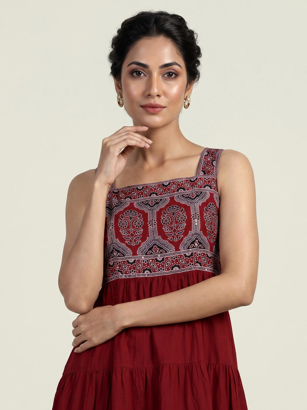 Maroon cotton blend printed anarkali kurti set