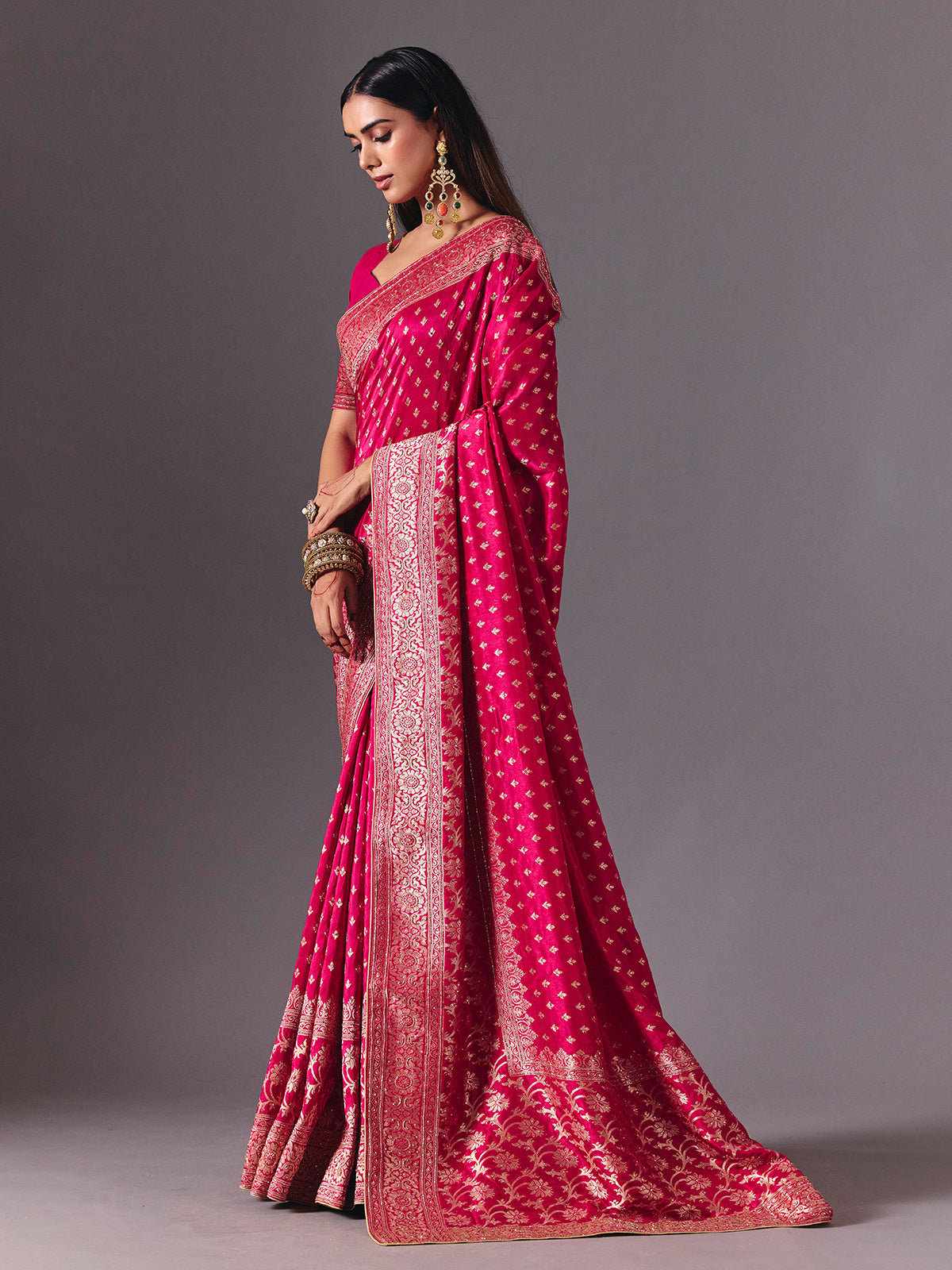 Rani pink dola silk festive wear designer saree drape