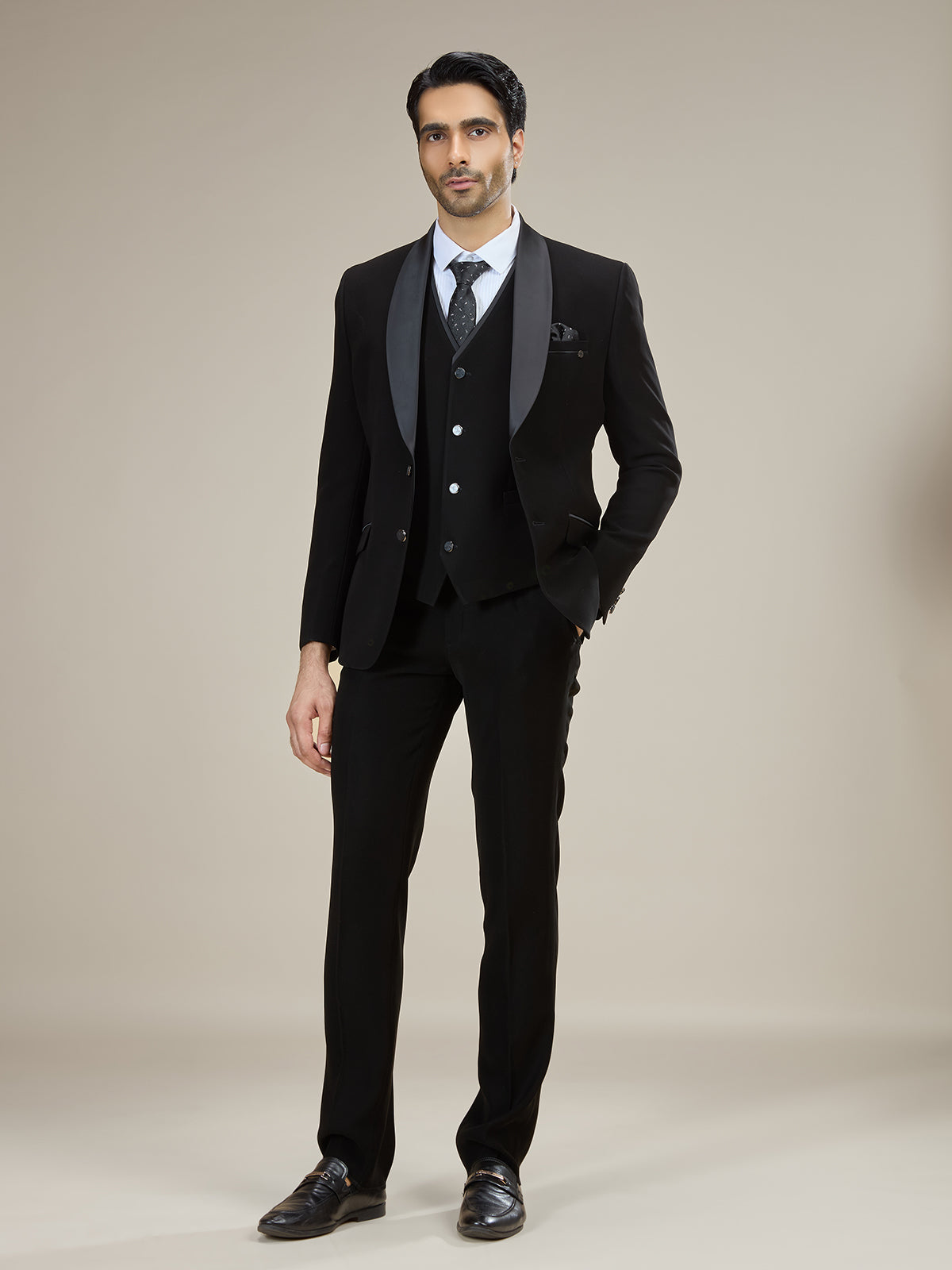 Black satin shawl lapel formal coat suit