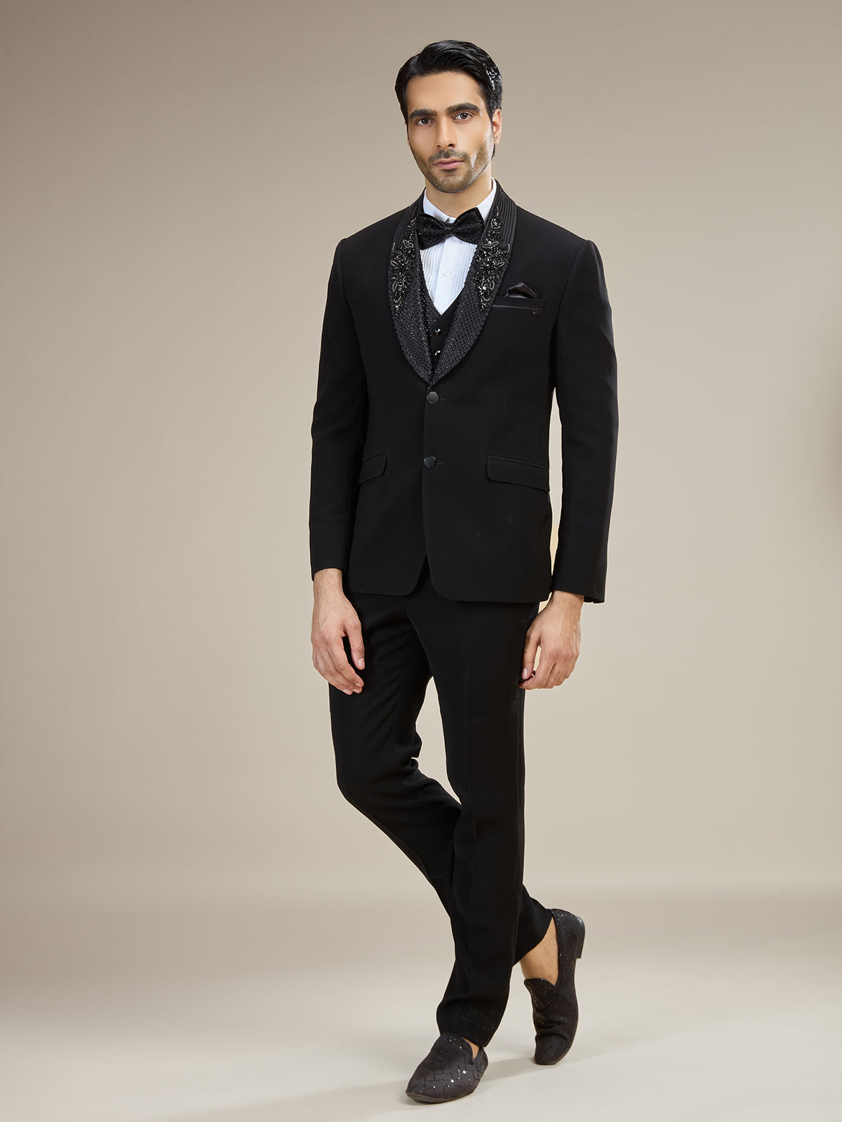 Black sparkle bow tie coat suit with embellished detailing