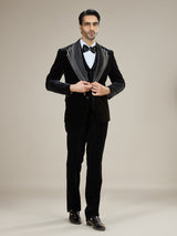 Black geometric embroidered velvet coat suit with bow tie