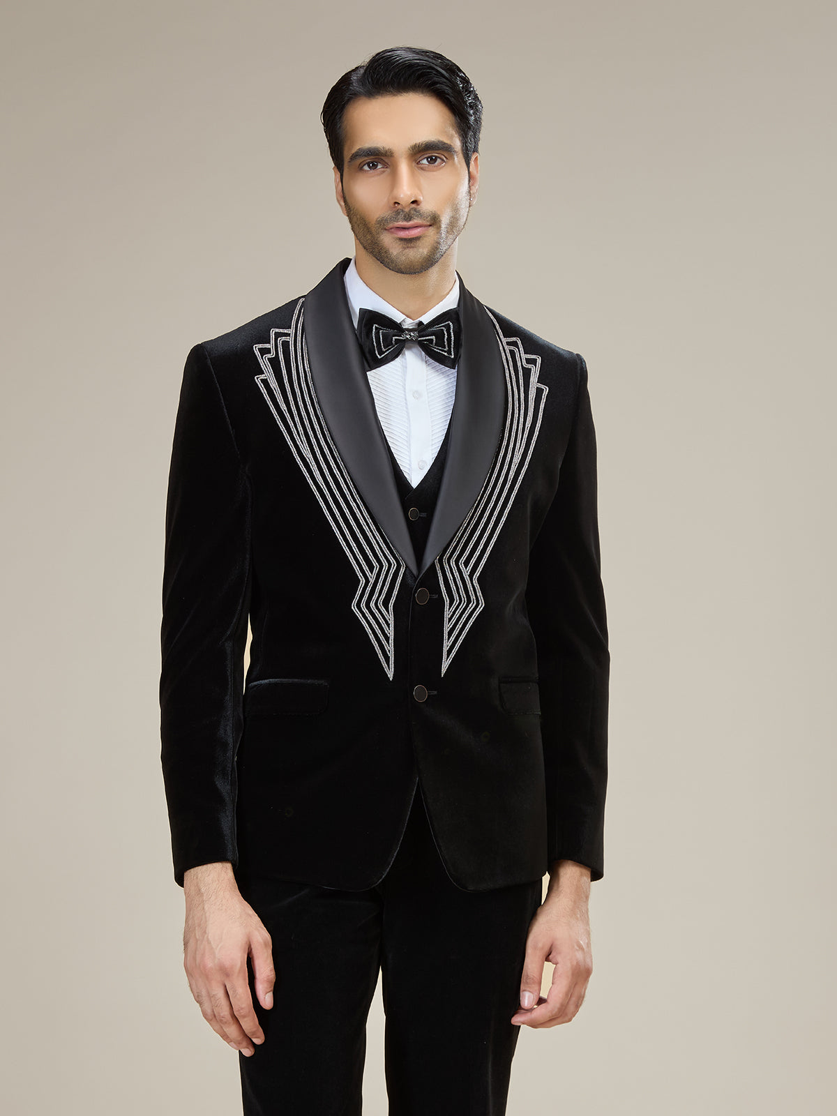 Black geometric embroidered velvet coat suit with bow tie