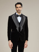 Black geometric embroidered velvet coat suit with bow tie
