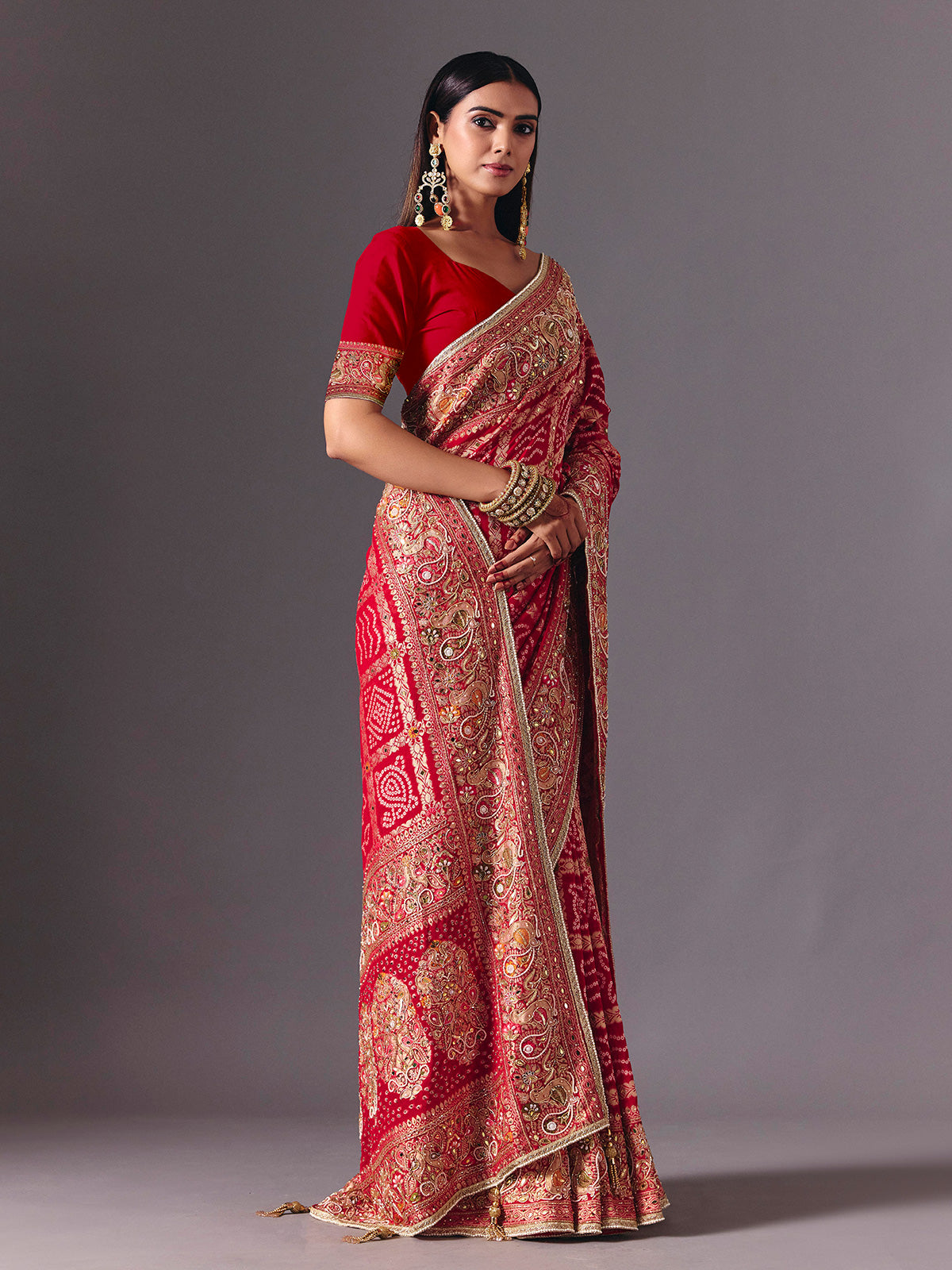 Red art silk bird motif saree with wedding elegance
