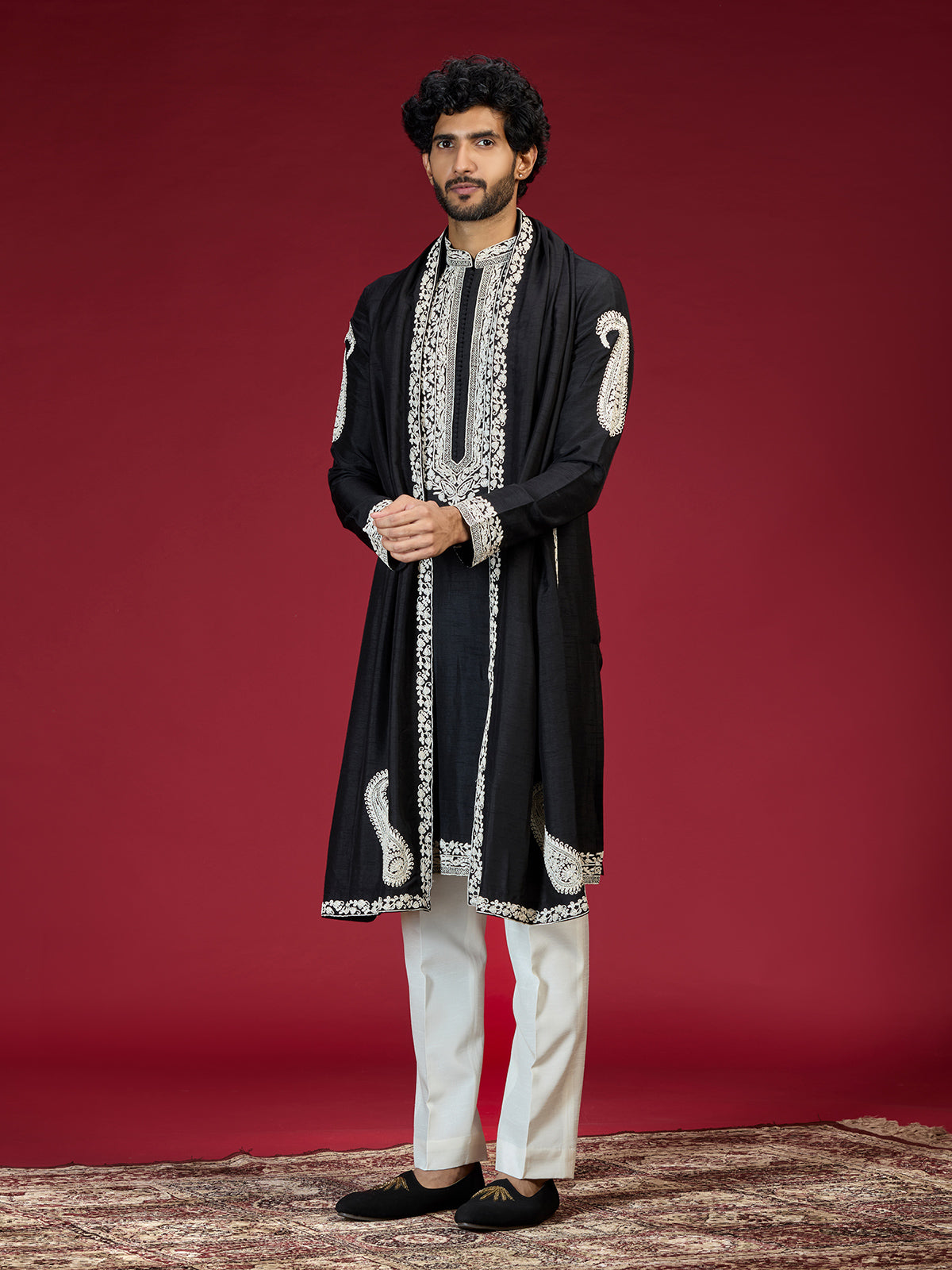 Black embroidered mandarin collar mens kurta suit