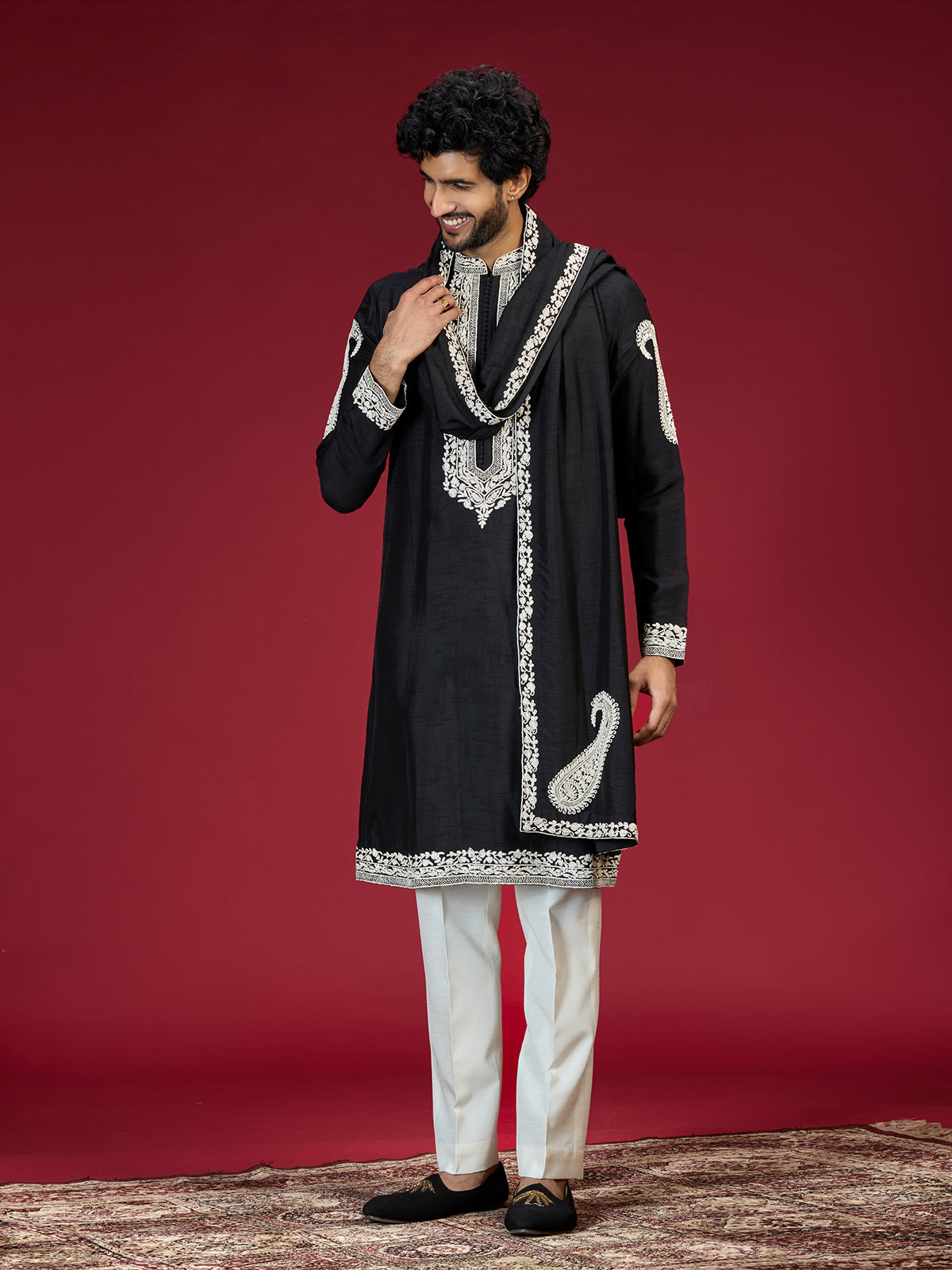 Black embroidered mandarin collar mens kurta suit