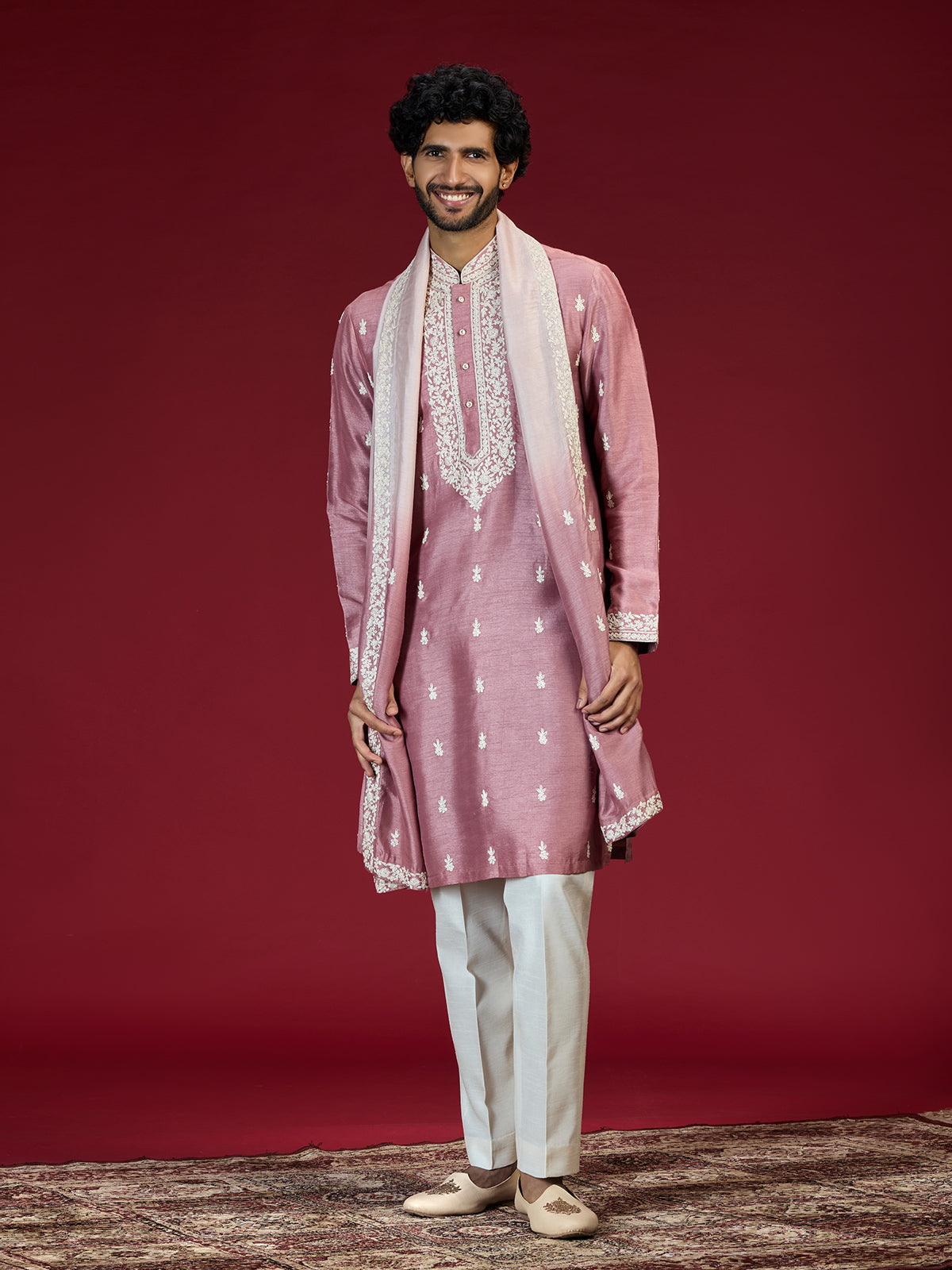 Onion pink floral embroidered mens kurta suit