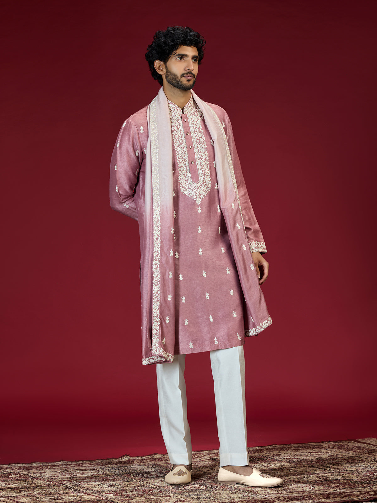 Onion pink floral embroidered mens kurta suit