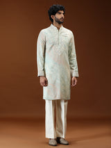 Mint green printed embroidered mens kurta suit