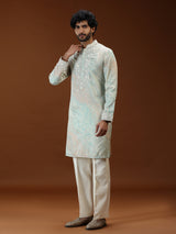 Mint green printed embroidered mens kurta suit