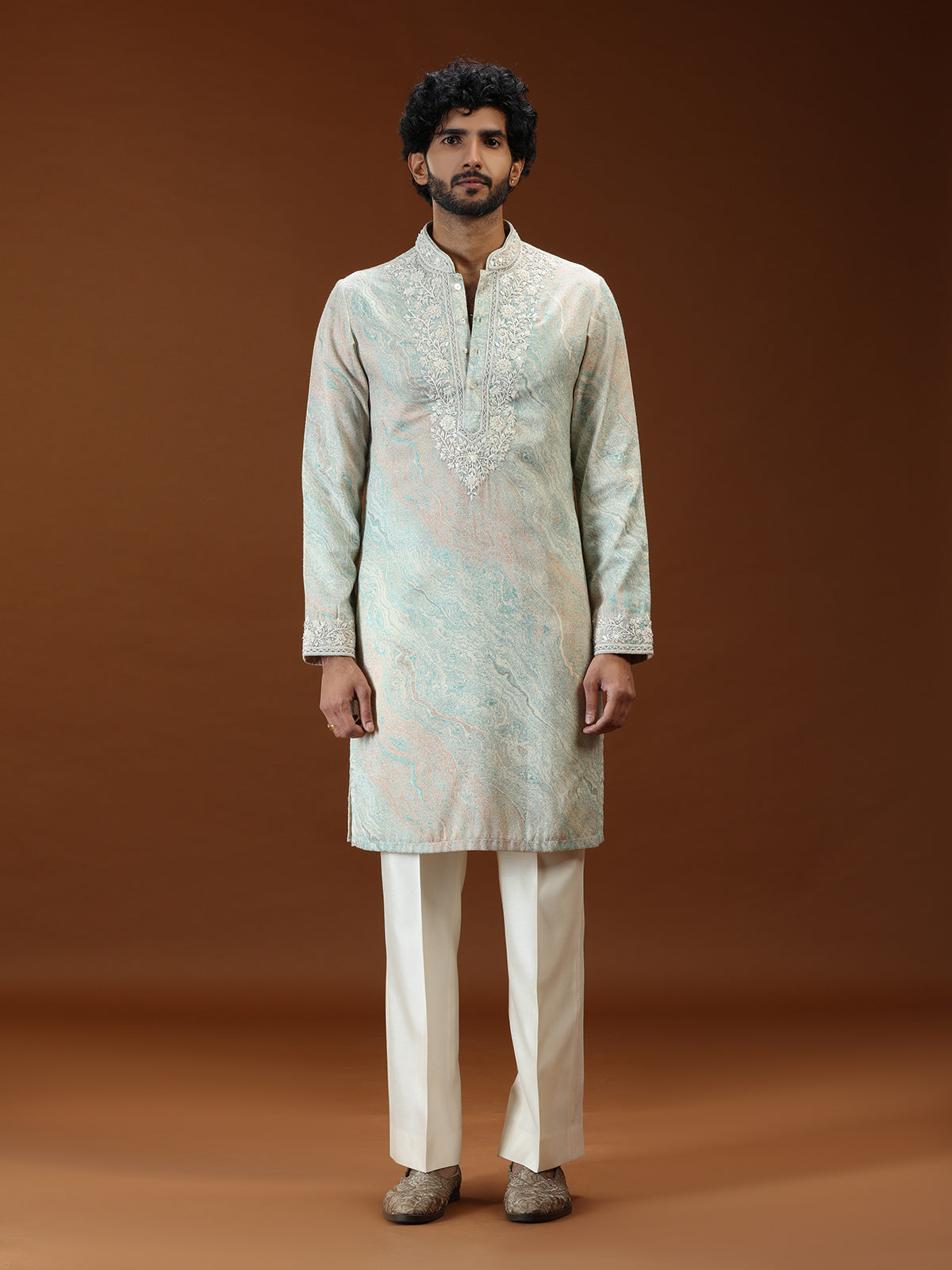 Mint green printed embroidered mens kurta suit
