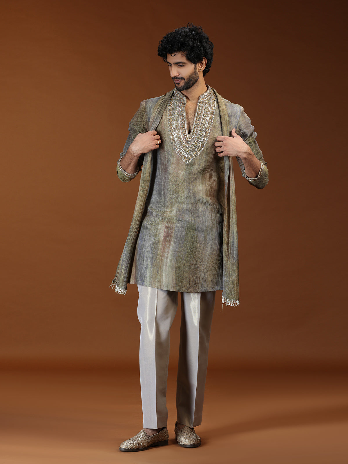 Mint green embellished tissue mens kurta suit