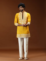 Yellow floral embellished mens kurta suit with dupatta