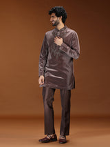 Brown velvet embellished mandarin collar mens kurta suit
