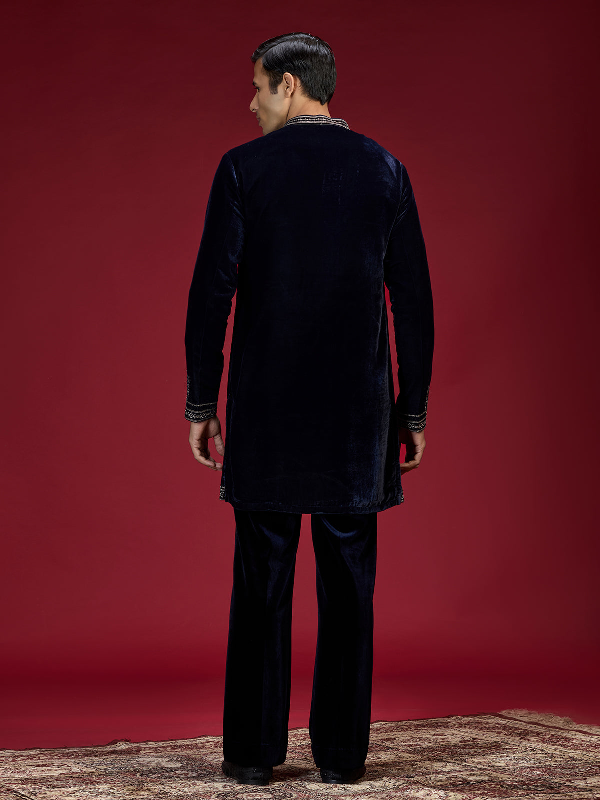 Blue persian embellished mandarin collar mens kurta suit