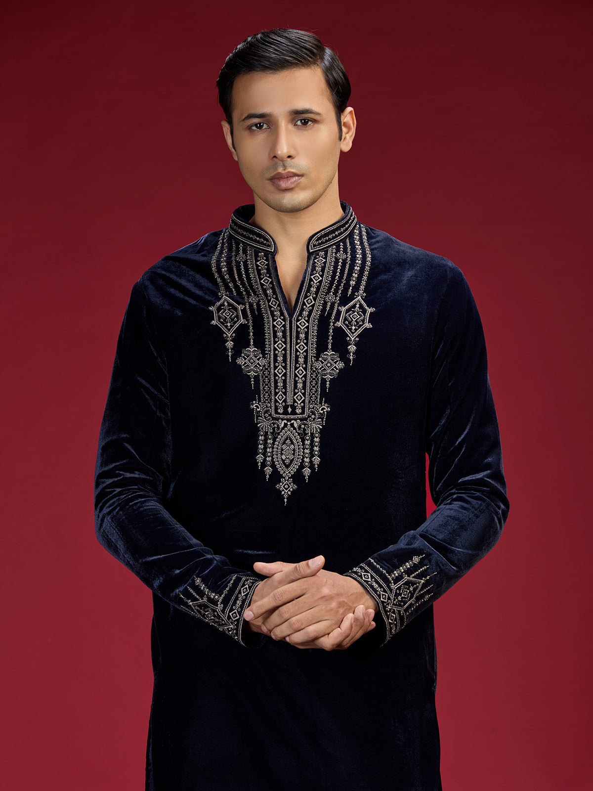 Blue persian embellished mandarin collar mens kurta suit