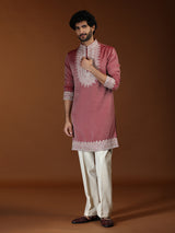 Reddish pink floral embellished mens kurta suit