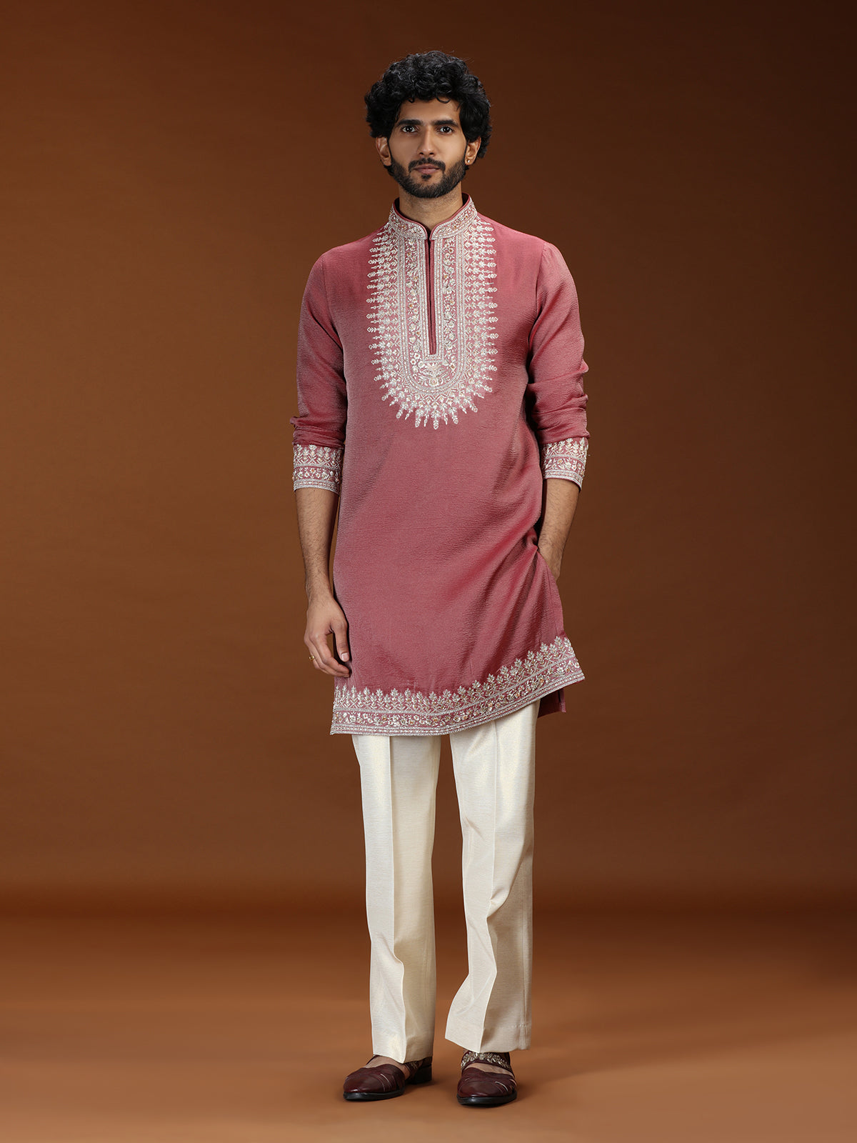 Reddish pink floral embellished mens kurta suit