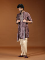 Brown printed embellished mens kurta suit with dupatta