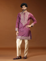 Onion pink floral embroidered mens kurta suit for festive