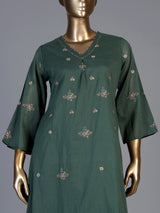 Sage green cotton silk palazzo kurti set with refined embroidery