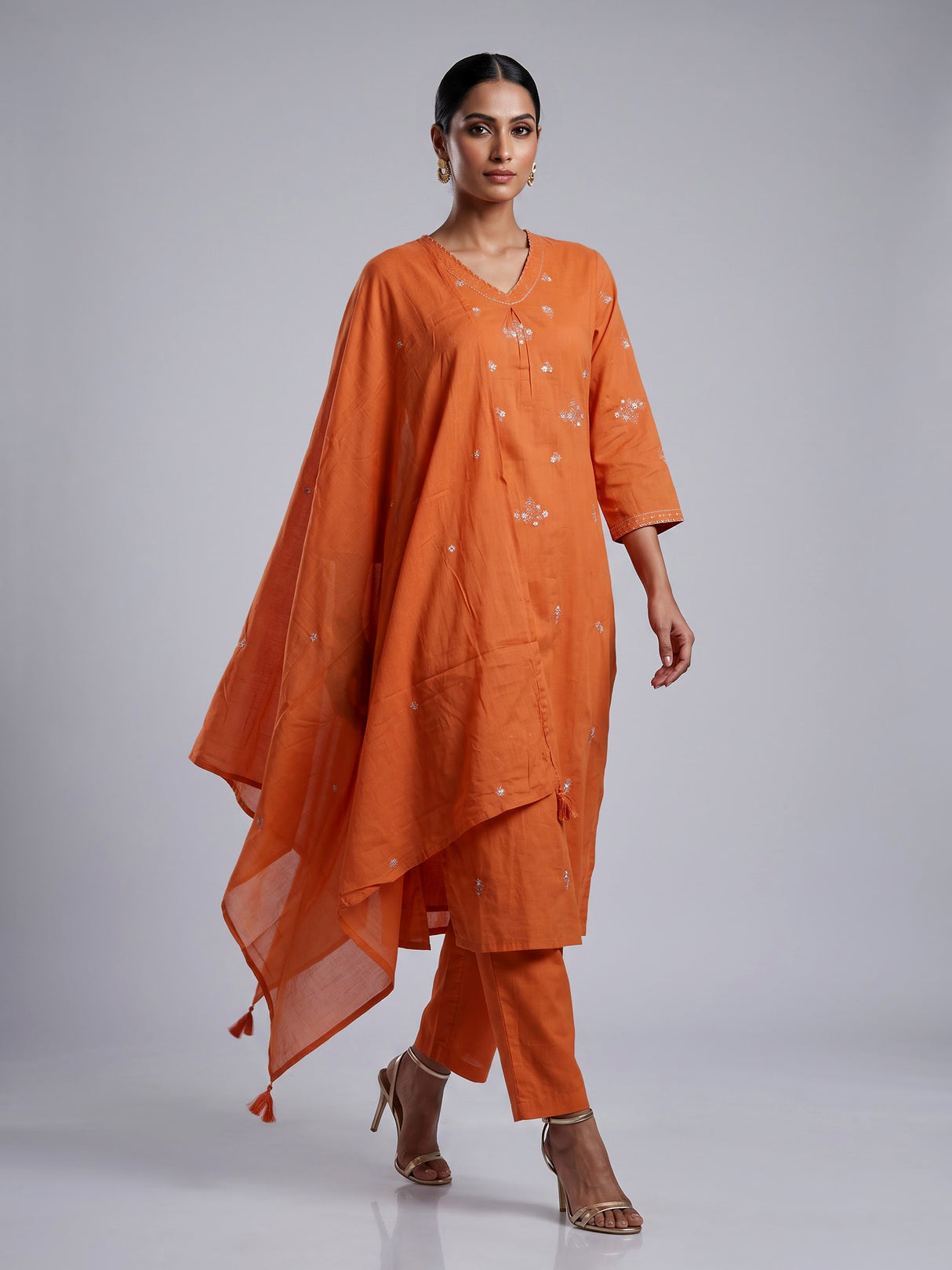 Orange cotton silk palazzo kurti set with elegant embroidery