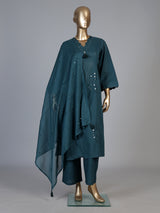 Rama green cotton silk kurti set with aabla tassel detailing