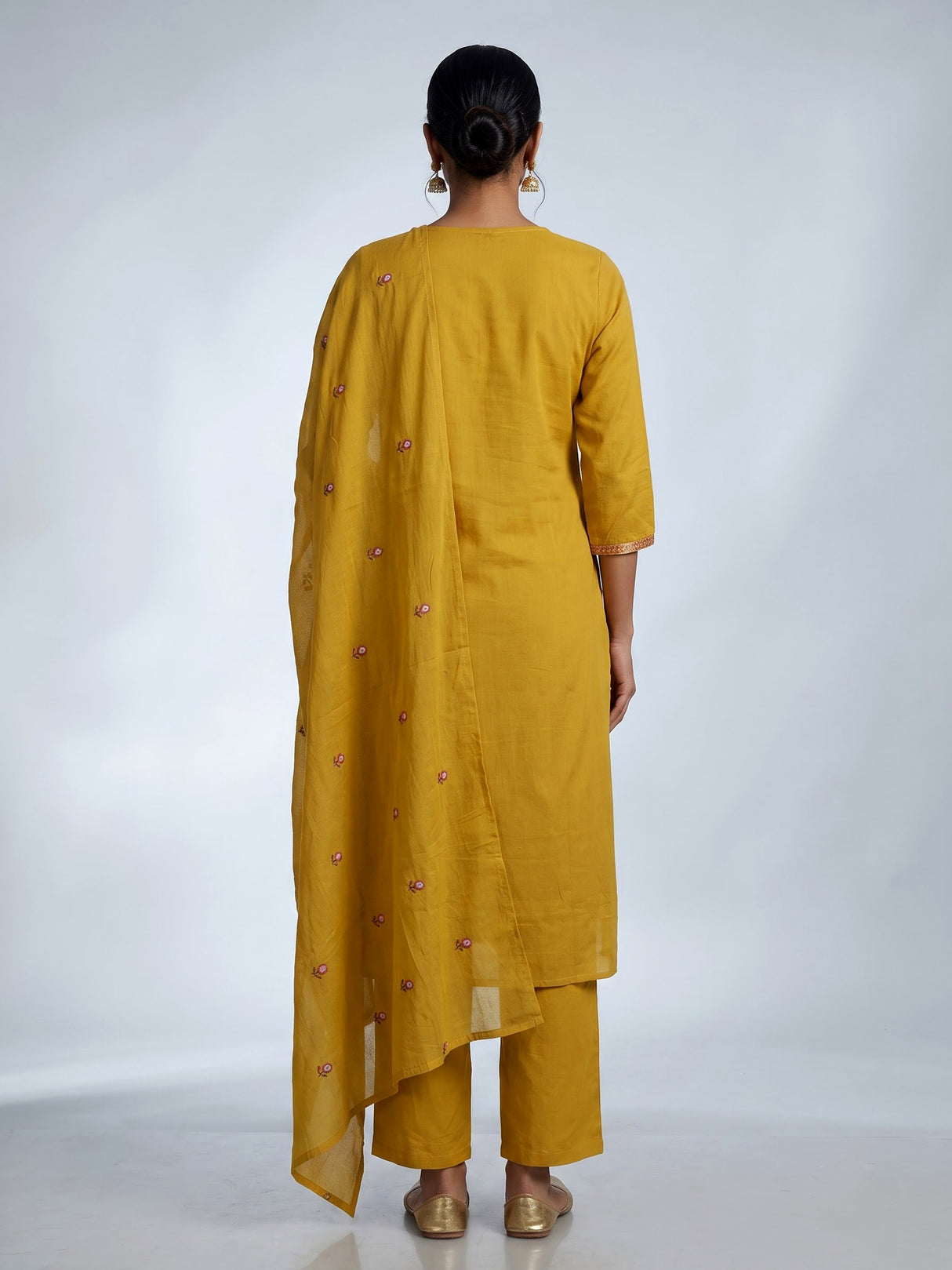 Mustard yellow cotton silk blend kurti set with embroidered butti