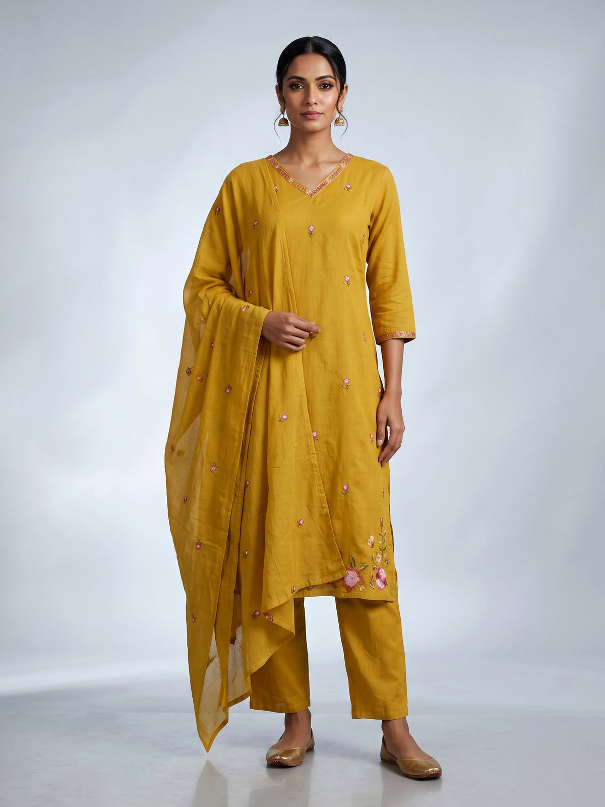 Mustard yellow cotton silk blend kurti set with embroidered butti