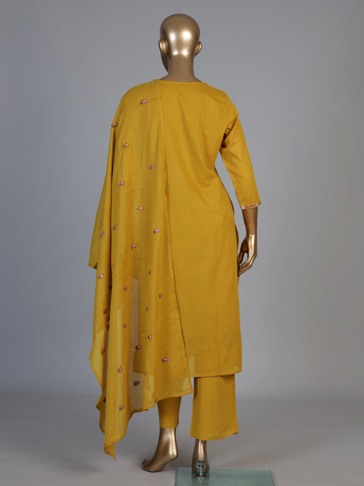 Mustard yellow cotton silk blend kurti set with embroidered butti