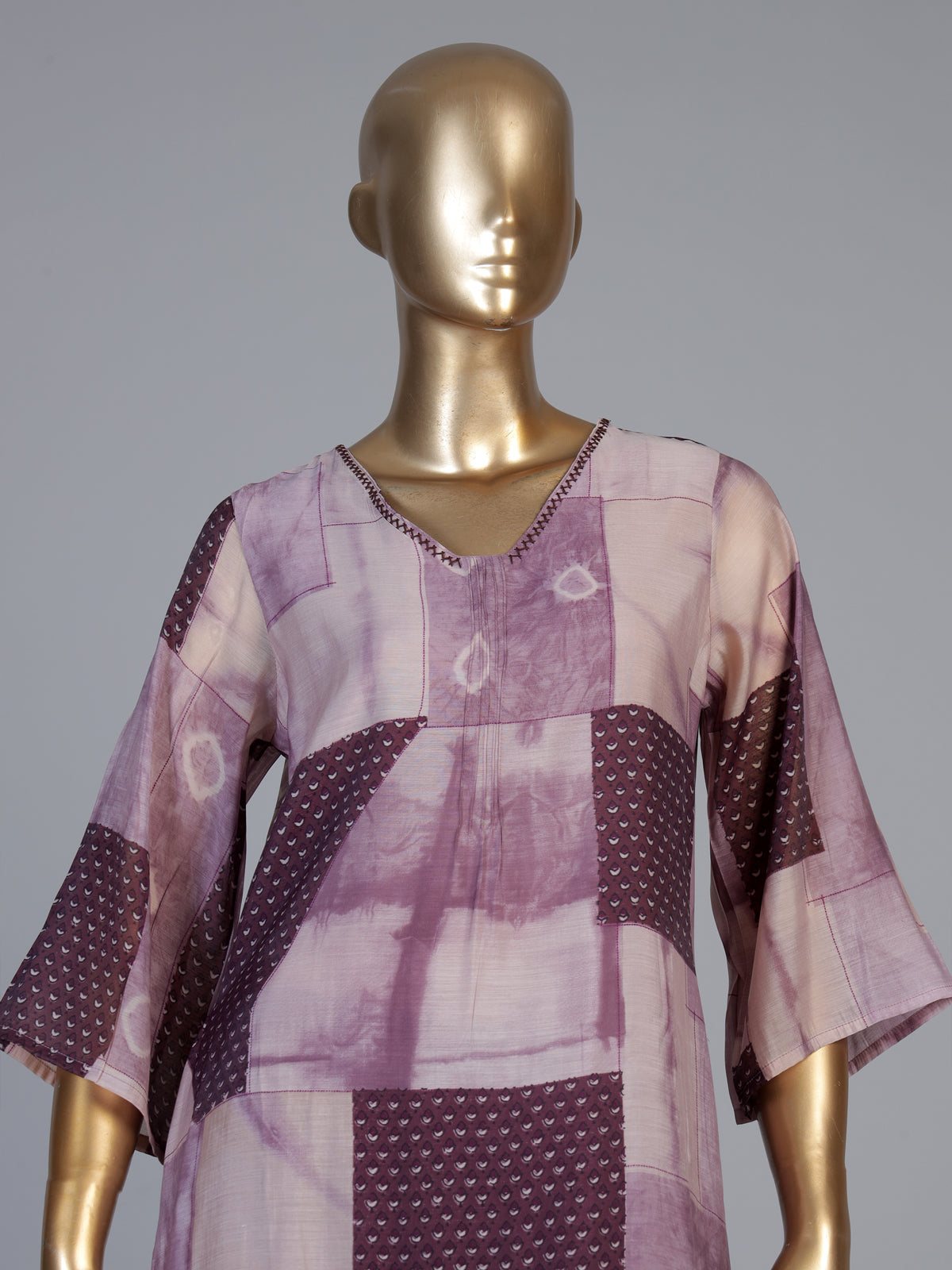 Wine silk kurti set with elegant printed pant and neckline