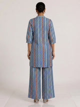 Blue silk blend palazzo kurti set with sophisticated printed design