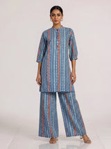 Blue silk blend palazzo kurti set with sophisticated printed design