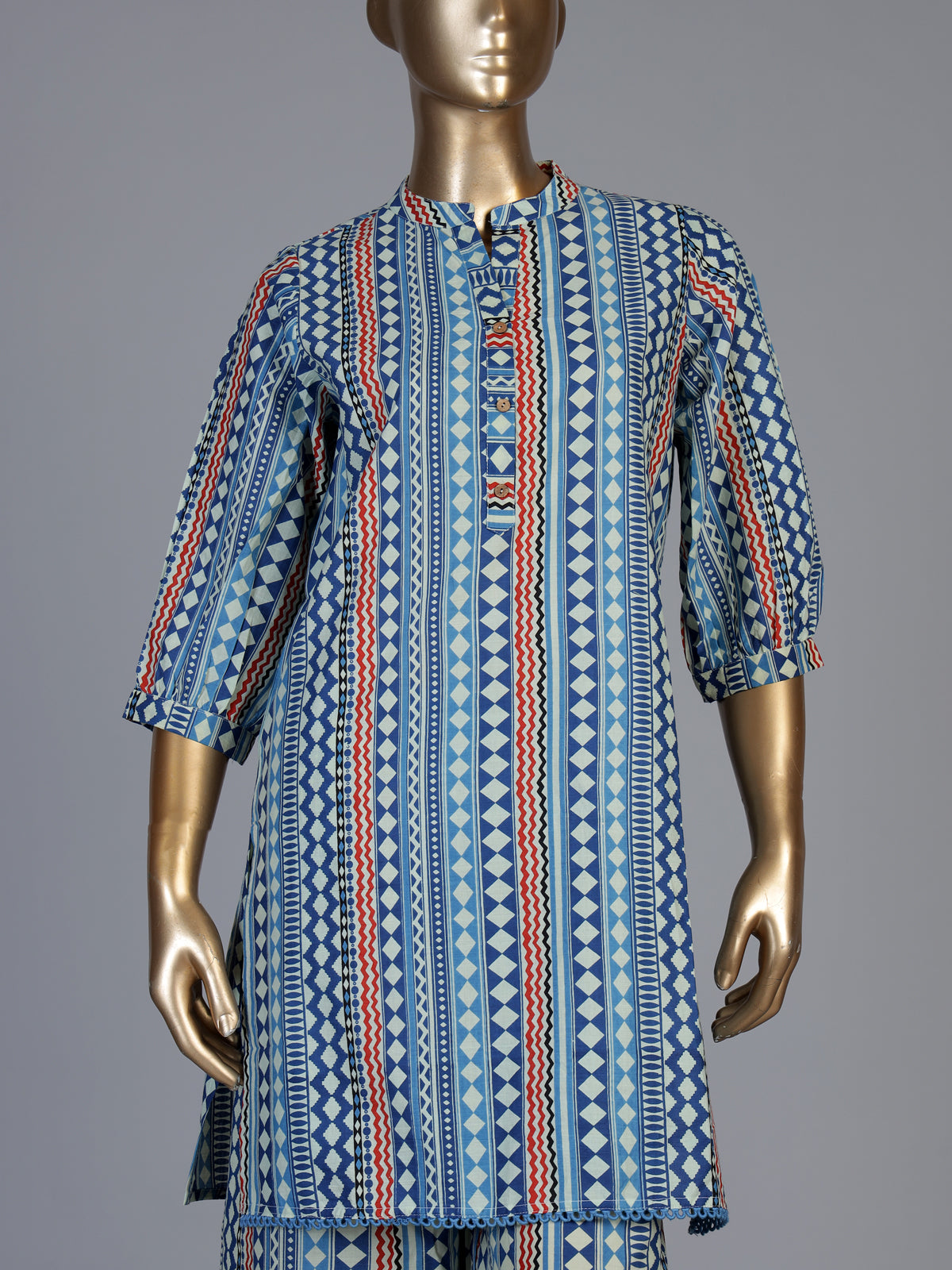 Blue silk blend palazzo kurti set with sophisticated printed design
