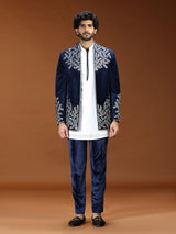 Blue botanical embroidered velvet mens indo western