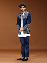 Blue botanical embroidered velvet mens indo western