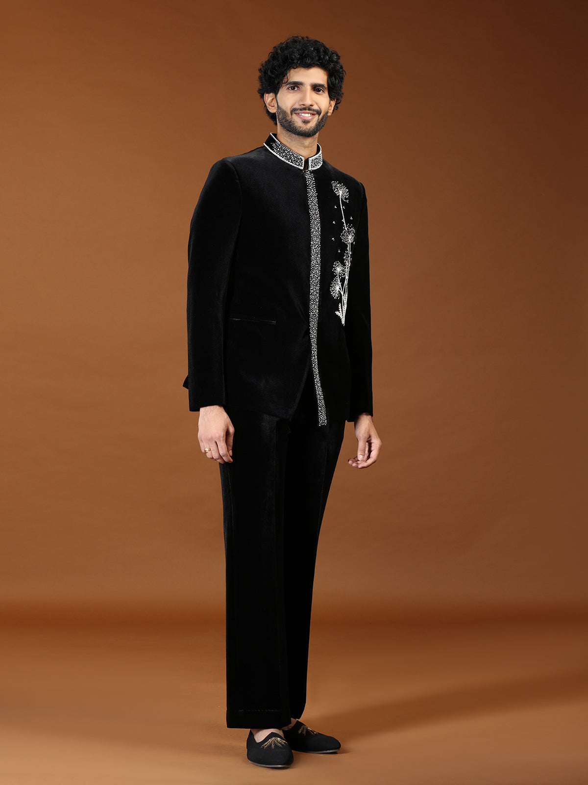 Black dandelion embroidered velvet mens indo western