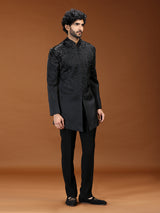 Black textured rayon mens indo western suit