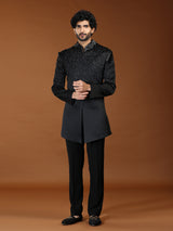Black textured rayon mens indo western suit