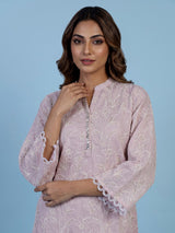 Pretty pink cotton blend kurti set with white threadwork